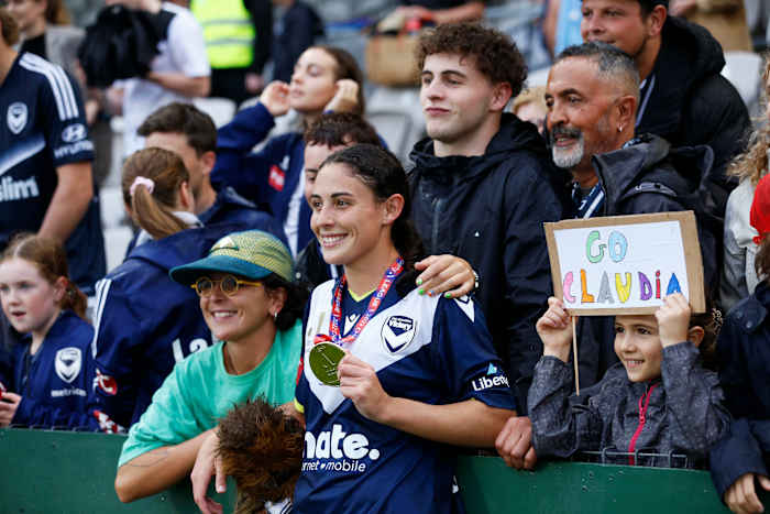 Claudia Bunge celebrates with her family after winning the A-League Women’s Grand Final match between Sydney FC and Melbourne Victory at Netstrata Jubilee Stadium on March 27, 2022, in Sydney, Australia.